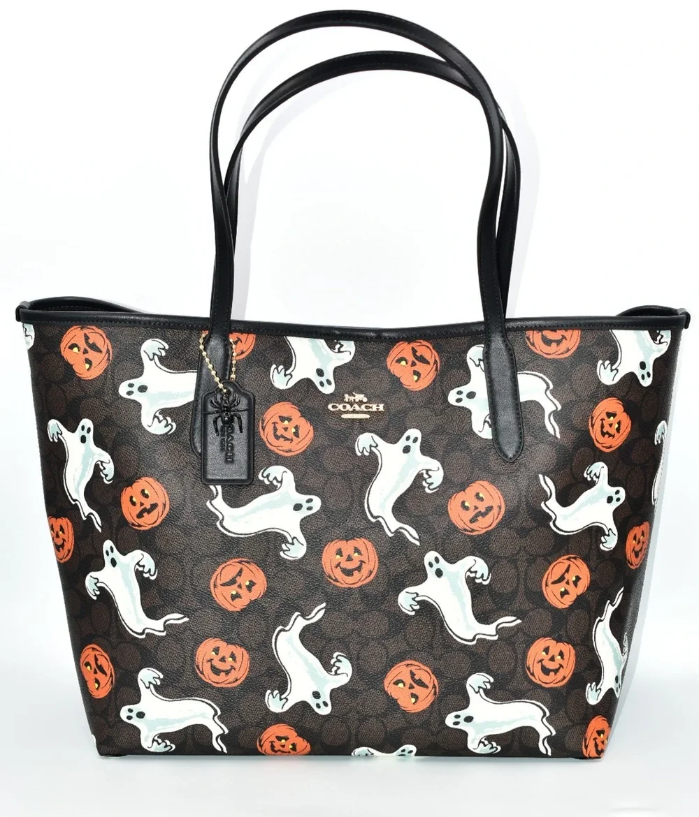 Coach City Tote Bag In Signature Canvas With Halloween Print Pumpkin Ghost NWT